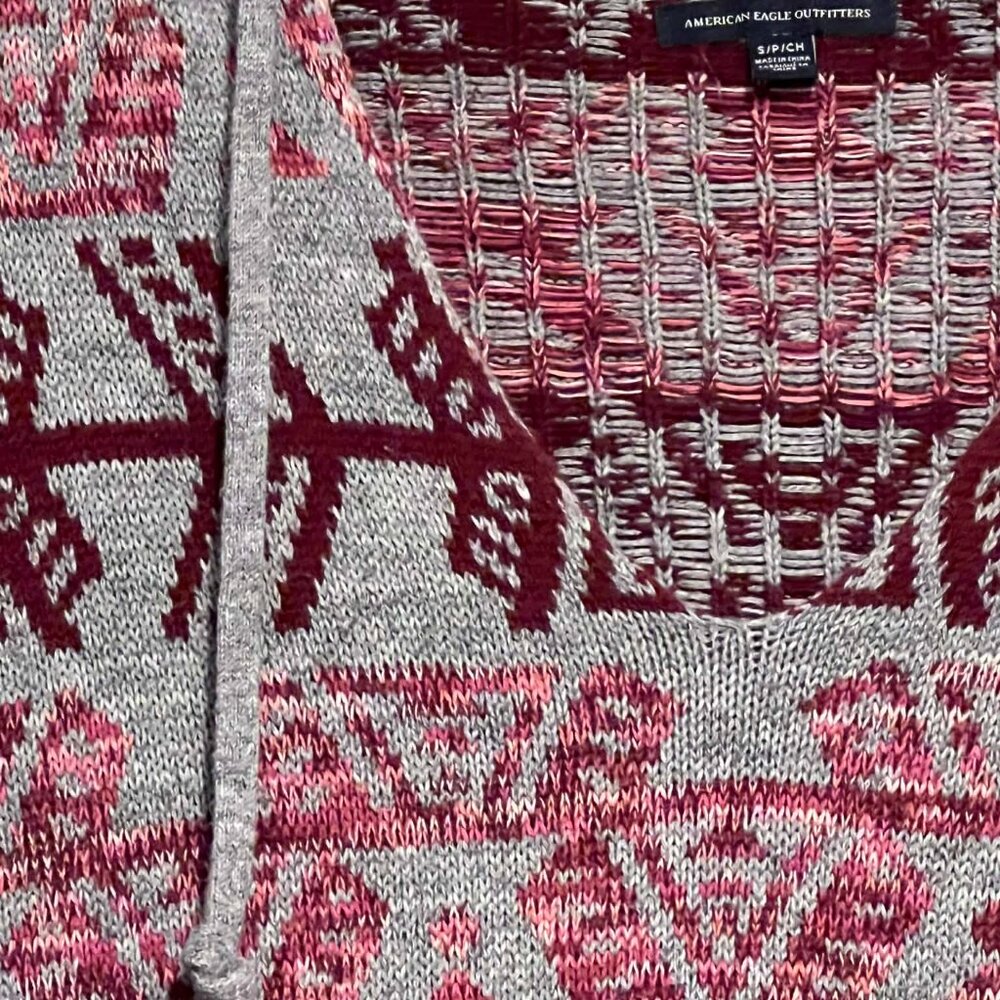 American Eagle Hooded Sweater Grey Cranberry Pink 100% Cotton Size S - Picture 8 of 14